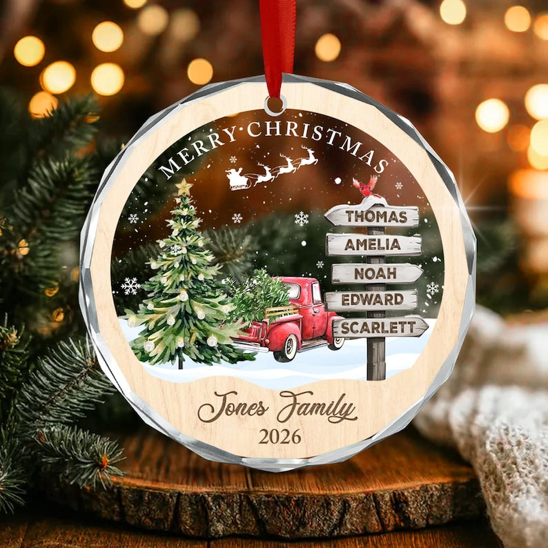 Winter Red Truck Family Name Ornament