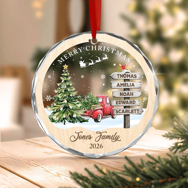 Winter Red Truck Family Name Ornament