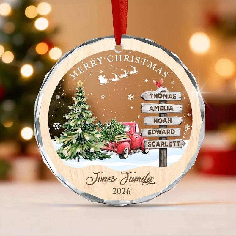 Winter Red Truck Family Name Ornament