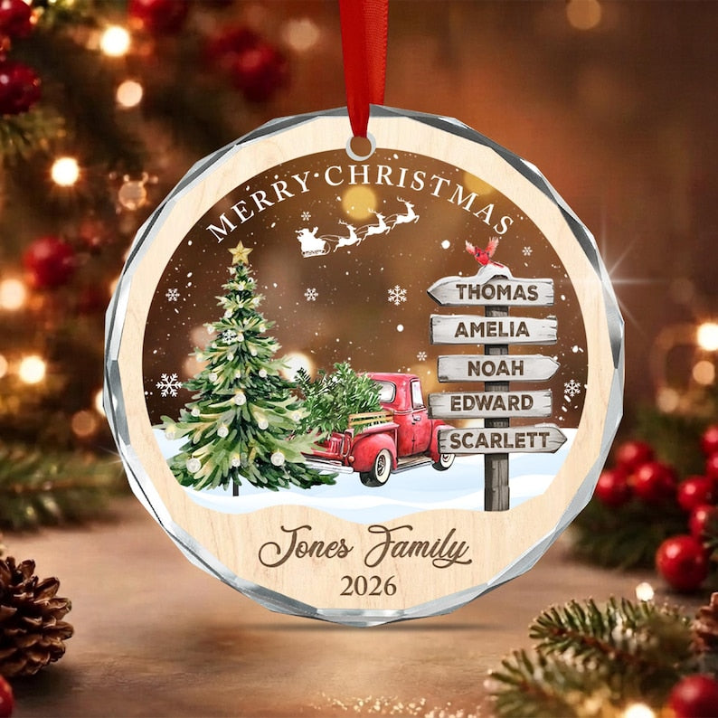 Winter Red Truck Family Name Ornament