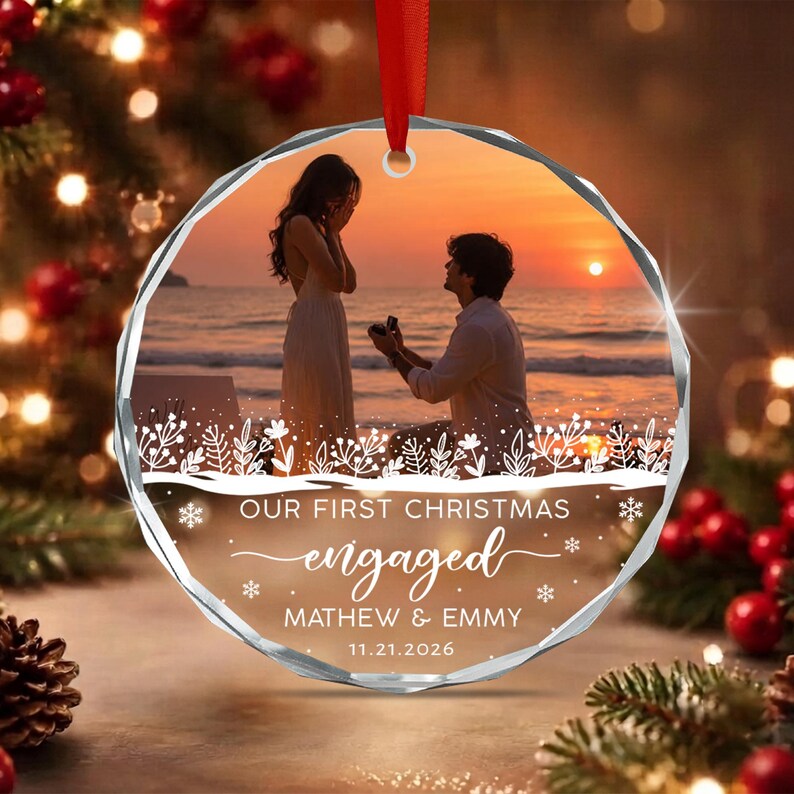 Engagement Couple Photo Glass Ornament