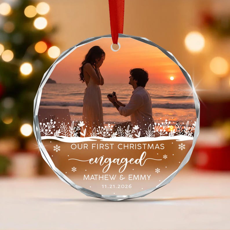 Engagement Couple Photo Glass Ornament