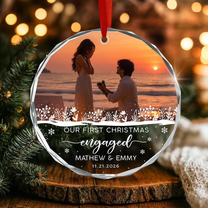 Engagement Couple Photo Glass Ornament