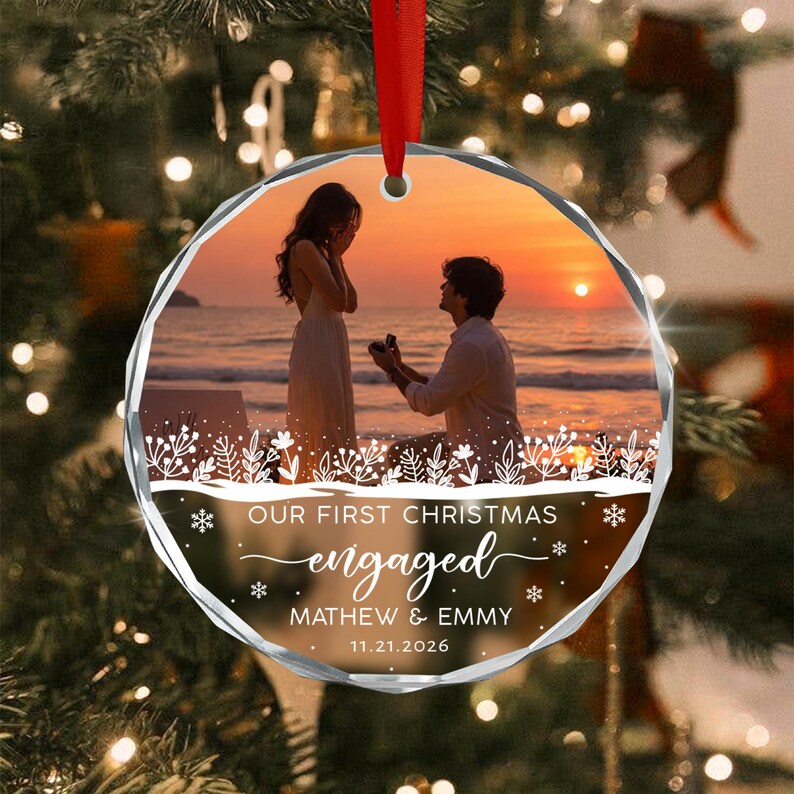 Engagement Couple Photo Glass Ornament