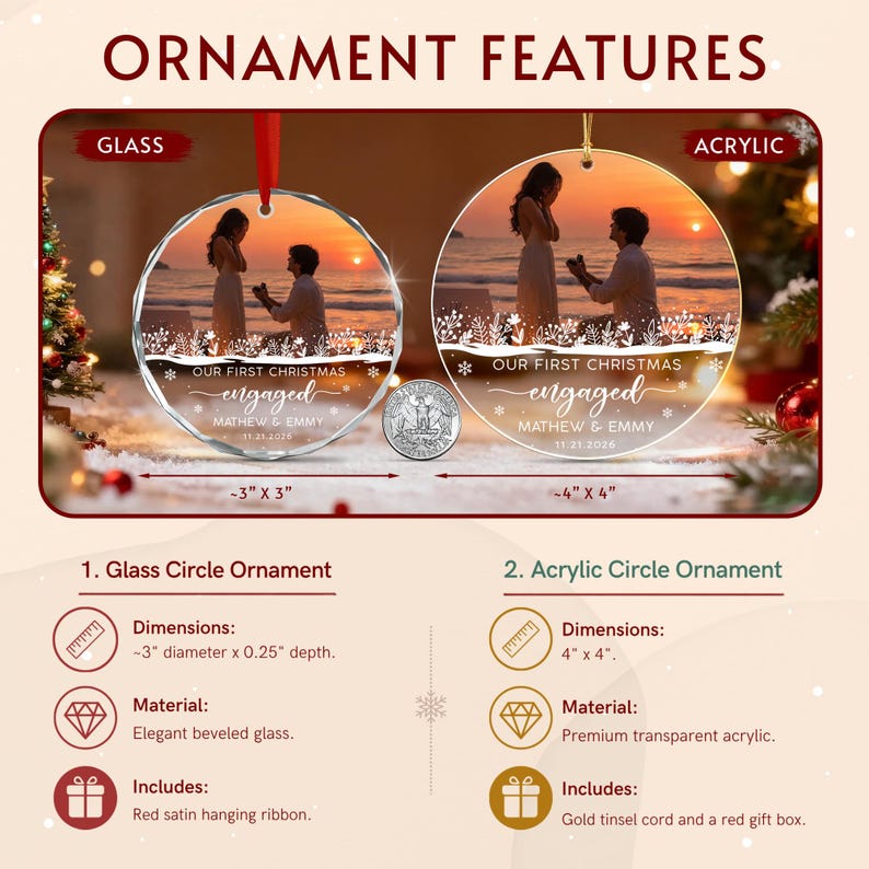 Two circular ornaments featuring a sunset beach engagement photo, the text 'OUR FIRST CHRISTMAS engaged MATHEW & EMMY 11.21.2028', and snowflake graphics.