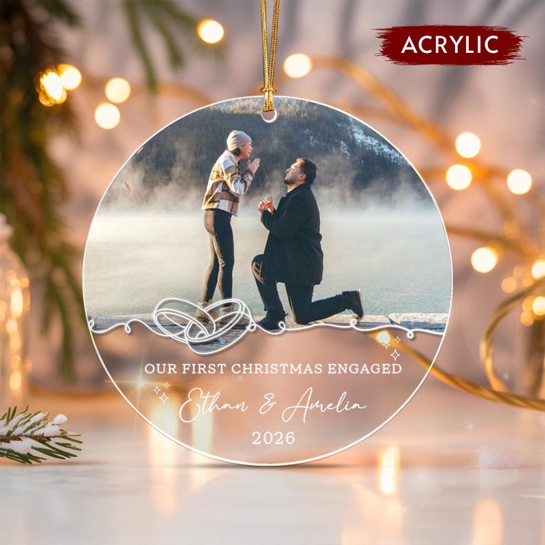 Custom First Engaged Christmas Photo Ornament