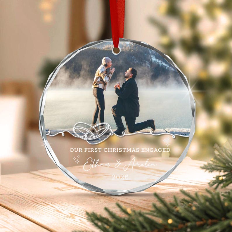 Custom First Engaged Christmas Photo Ornament