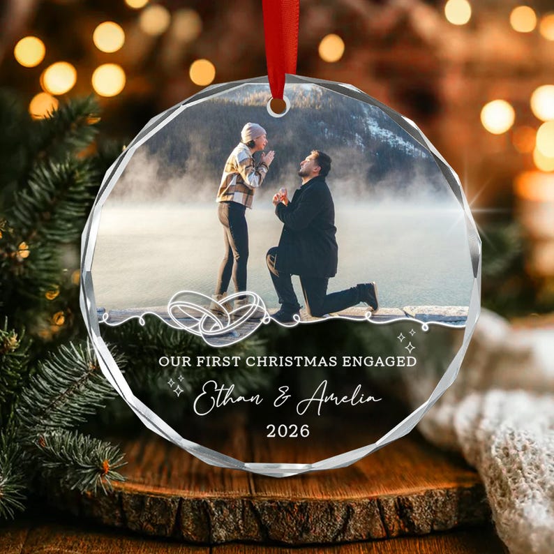 Custom First Engaged Christmas Photo Ornament