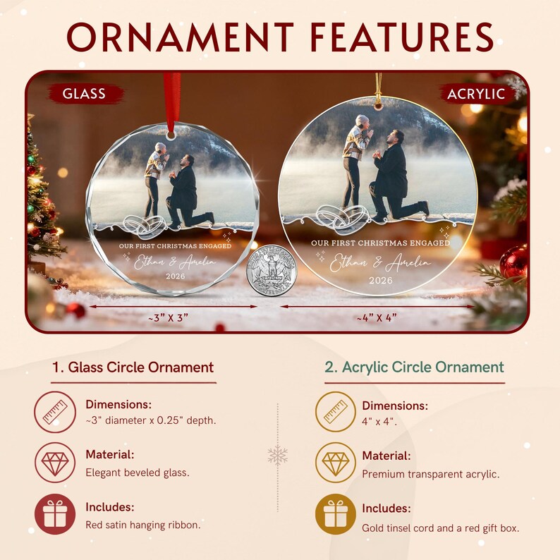 Two circular ornaments featuring a photo of a couple, the text 'OUR FIRST CHRISTMAS ENGAGED', 'Ethan & Amelia', and '2026'.