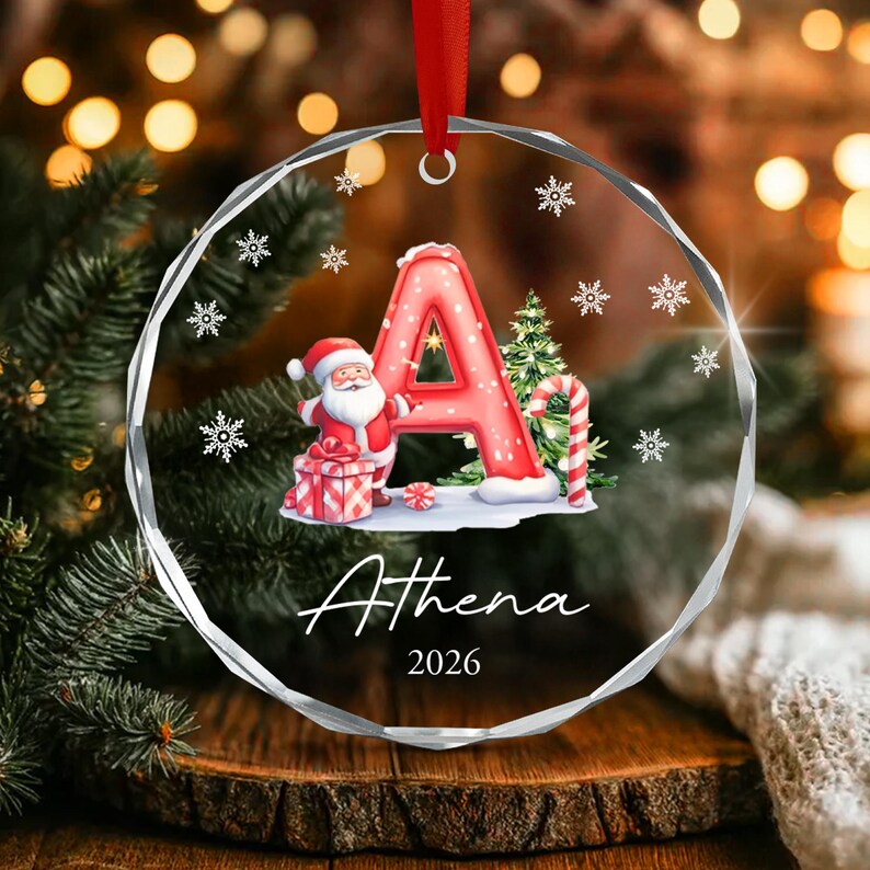 Santa Claus Initial Kid Name Glass Ornament