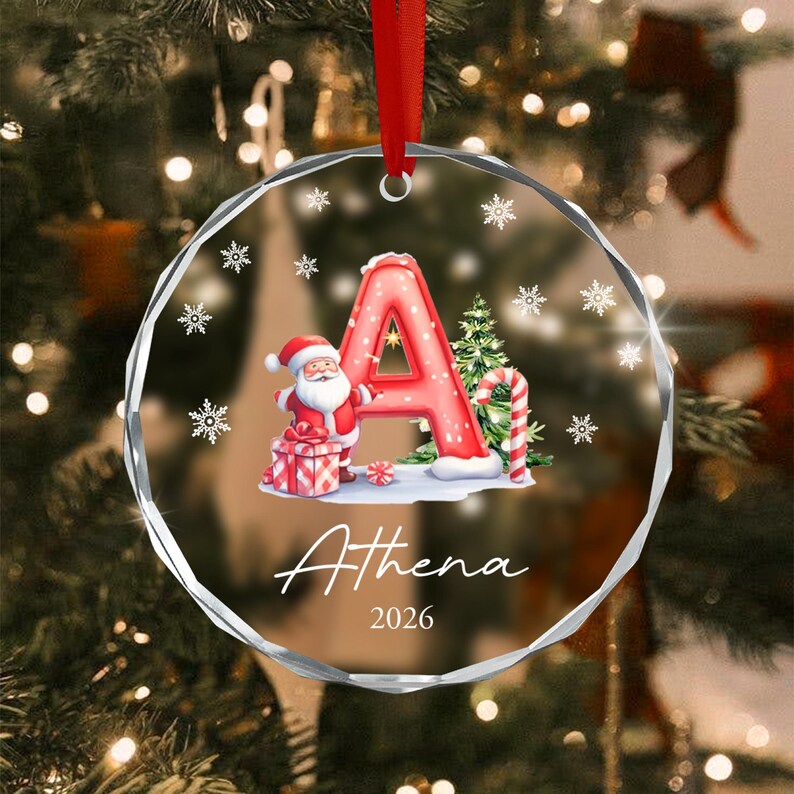 Santa Claus Initial Kid Name Glass Ornament