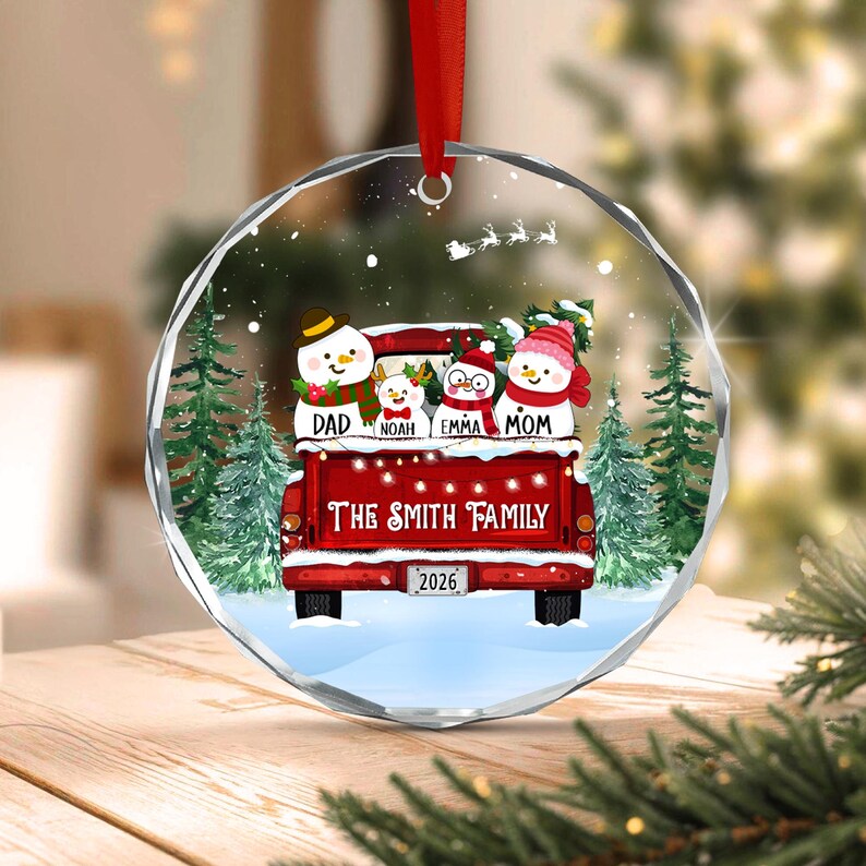 Snowman Truck Family Name Ornament