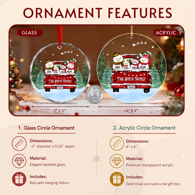 Two circular Christmas ornaments featuring a red truck graphic with snowmen and the text THE SMITH FAMILY and 2026.