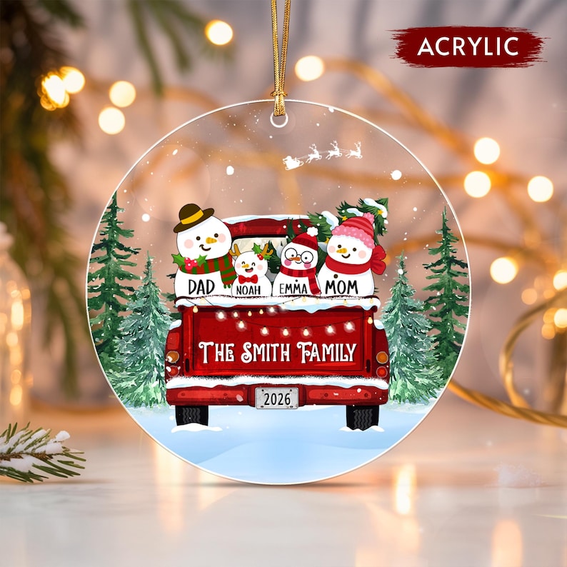 Snowman Truck Family Name Ornament