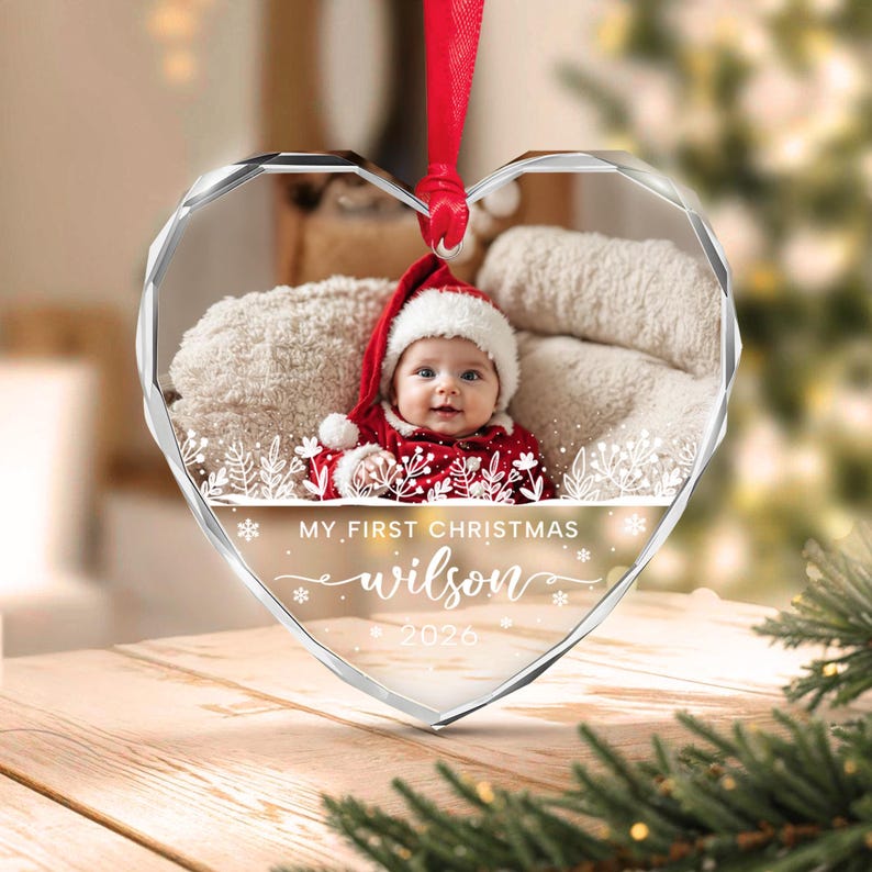 Baby Photo Heart Glass Christmas Ornament