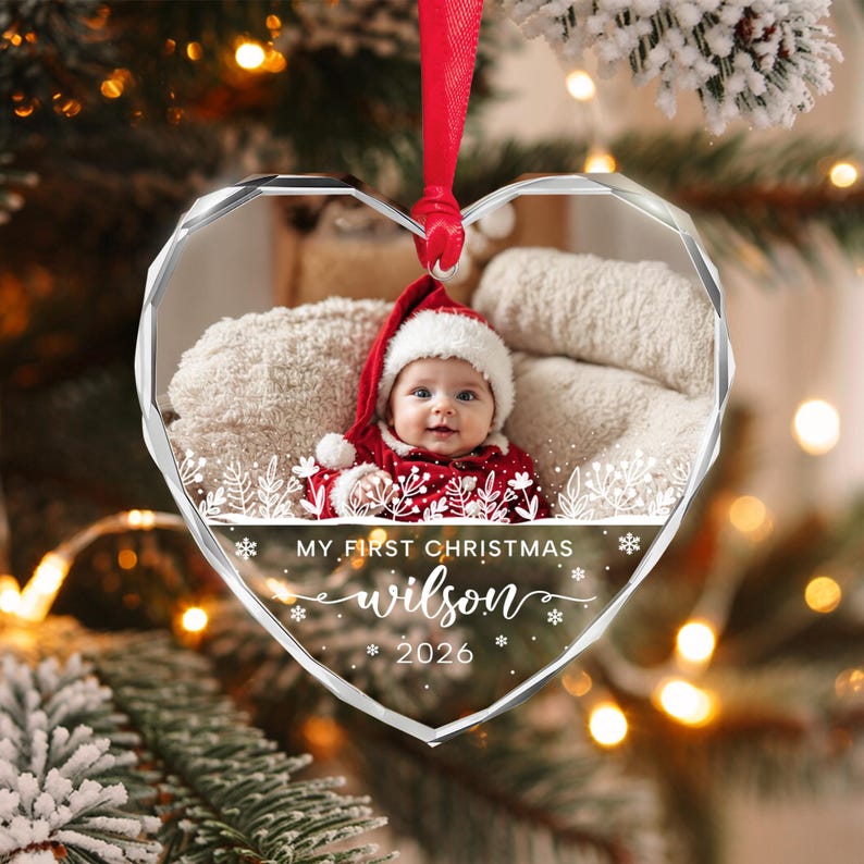 Baby Photo Heart Glass Christmas Ornament