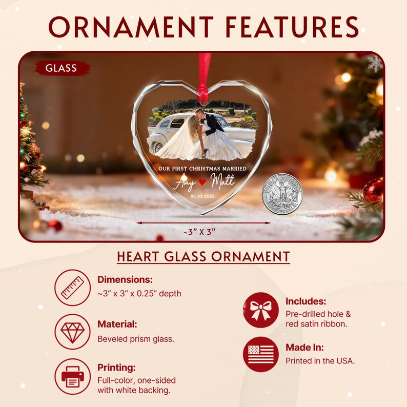 A heart-shaped beveled prism glass ornament featuring a printed wedding photograph, the text "OUR FIRST CHRISTMAS MARRIED", "Amy & Matt", and "05.08.2026".
