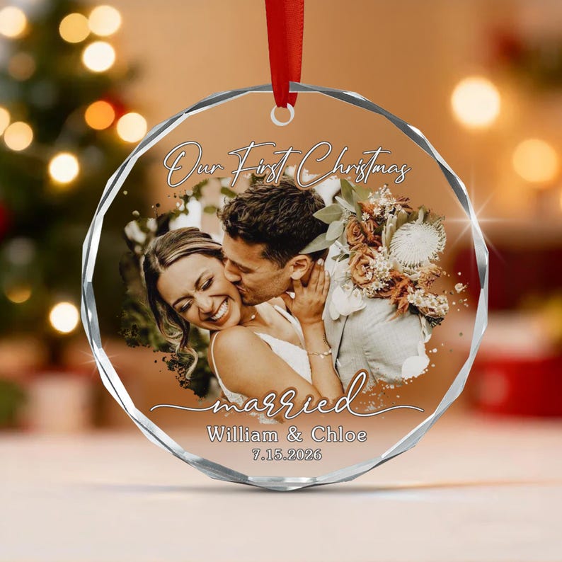 First Married Christmas Photo Glass Ornament