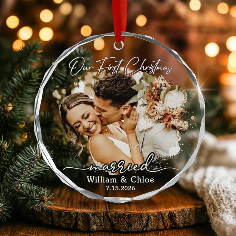 First Married Christmas Photo Glass Ornament