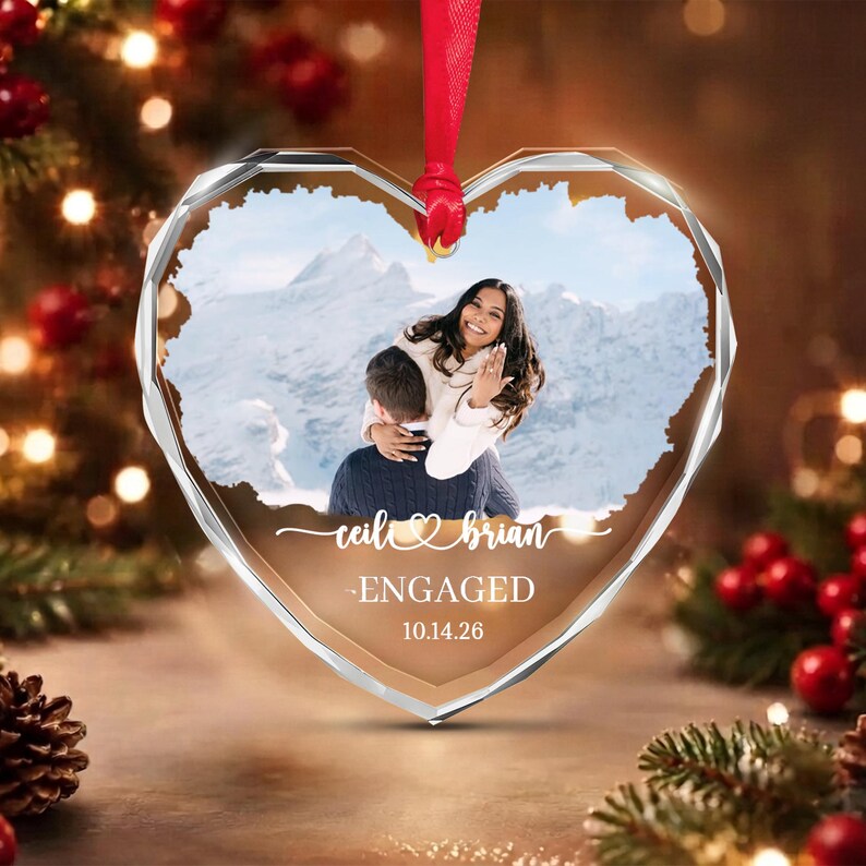 Engagement Photo Heart Glass Ornament