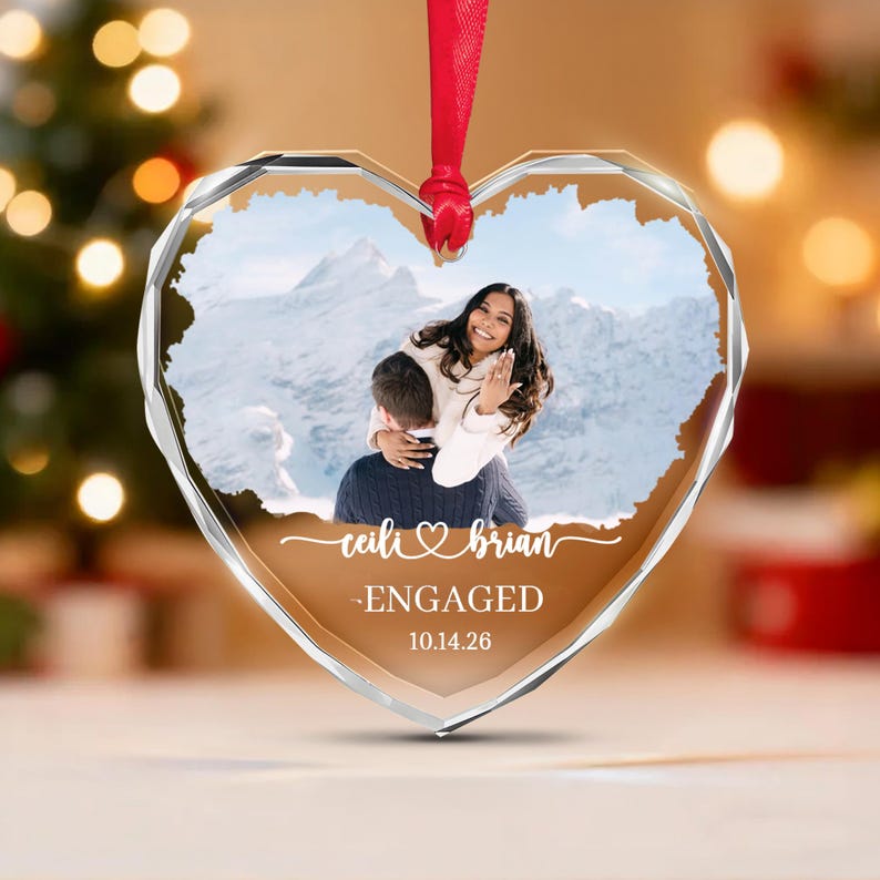 Engagement Photo Heart Glass Ornament