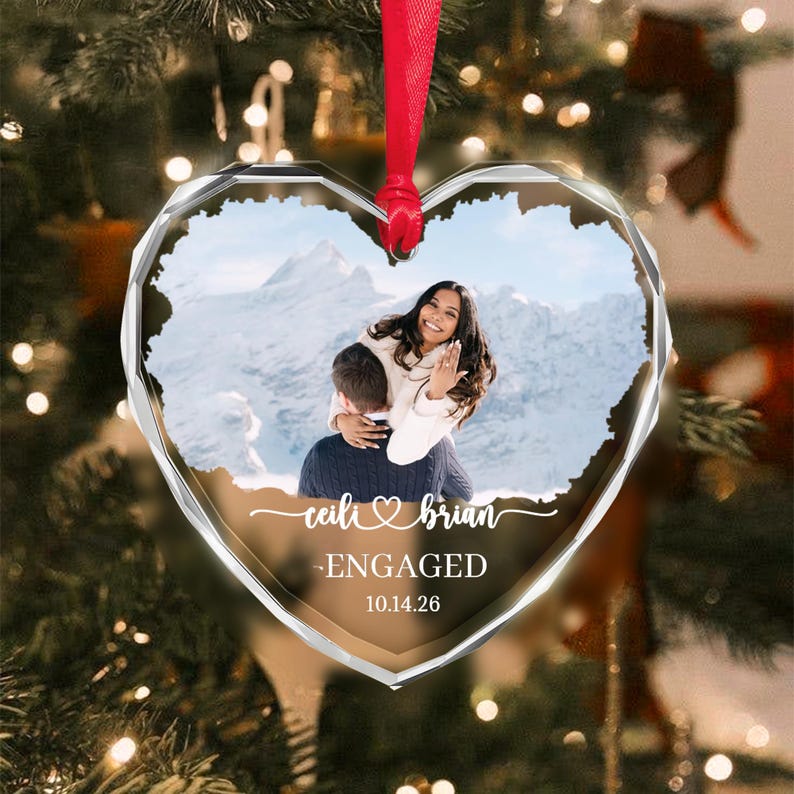 Engagement Photo Heart Glass Ornament