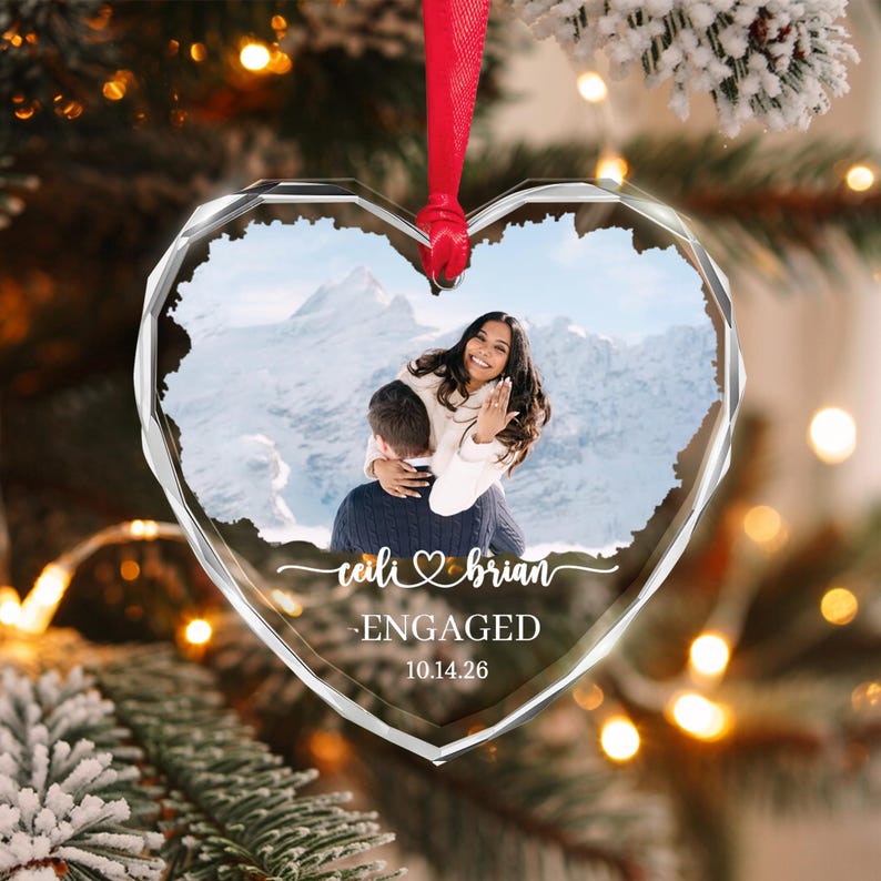 Engagement Photo Heart Glass Ornament