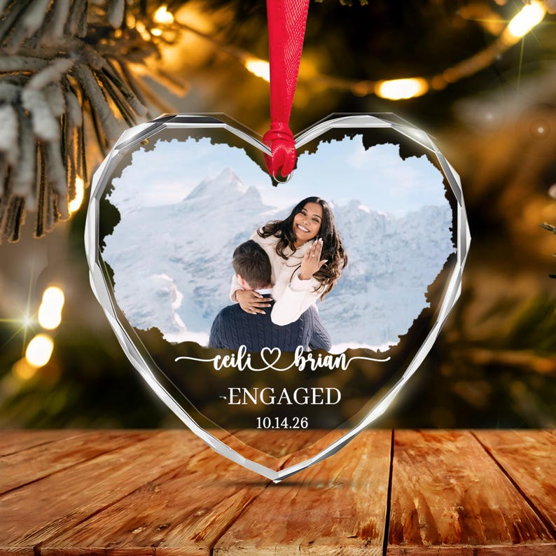 Engagement Photo Heart Glass Ornament