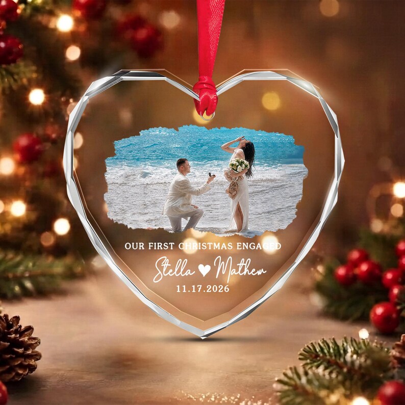 First Christmas Engaged Photo Glass Ornament