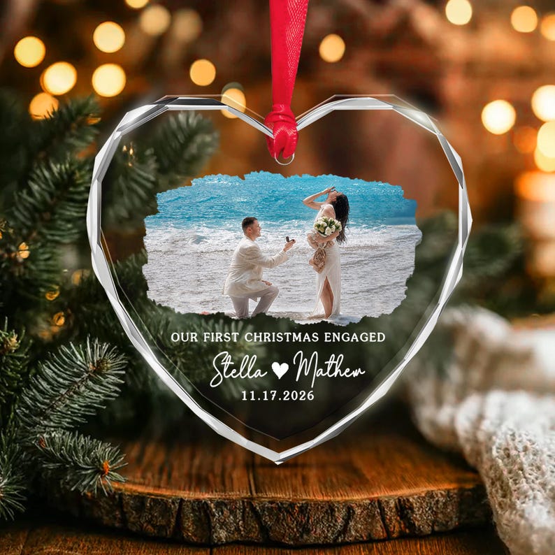 First Christmas Engaged Photo Glass Ornament
