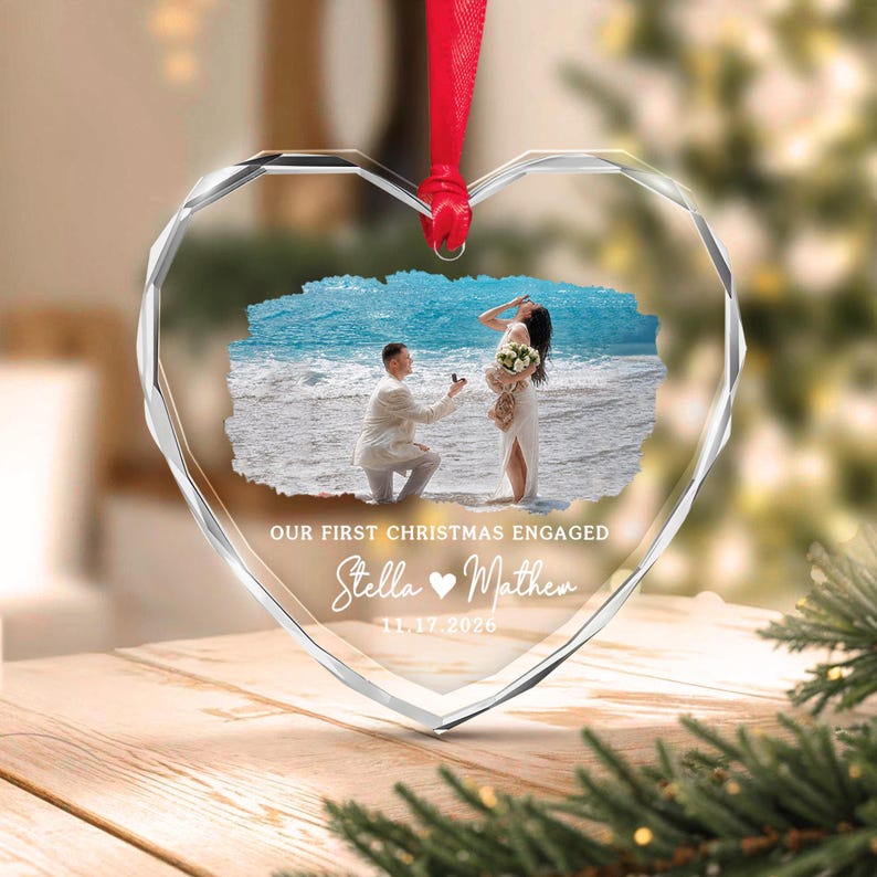 First Christmas Engaged Photo Glass Ornament