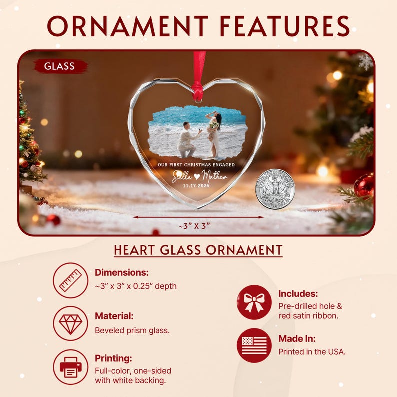 First Christmas Engaged Photo Glass Ornament