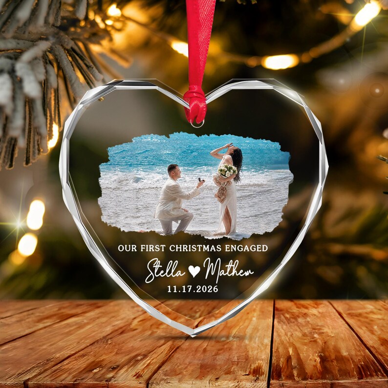 First Christmas Engaged Photo Glass Ornament