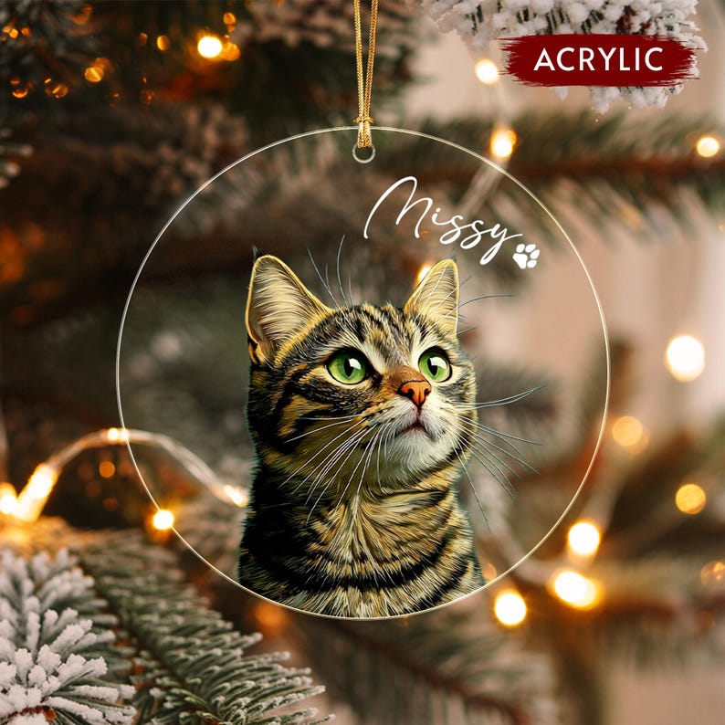 Cat Portrait Christmas Glass Ornament