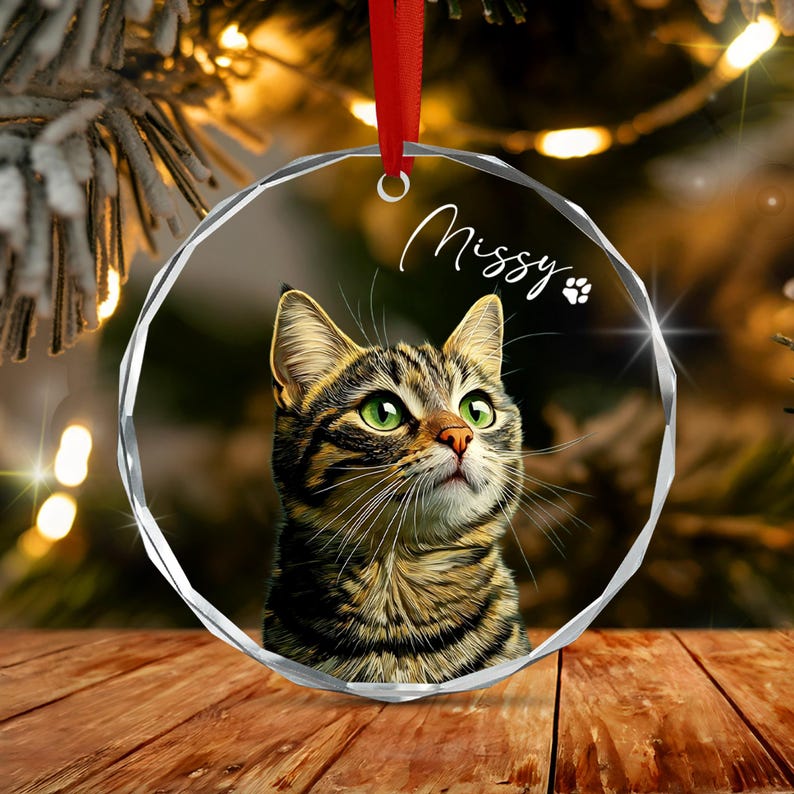 Cat Portrait Christmas Glass Ornament