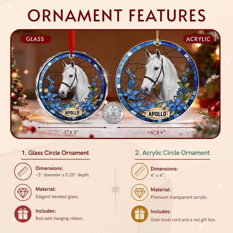 Two circular ornaments featuring a white horse portrait, blue flowers, and dragonflies. The glass ornament is 3 inches by 3 inches with a red ribbon. The acrylic ornament is 4 inches by 4 inches with a gold cord.