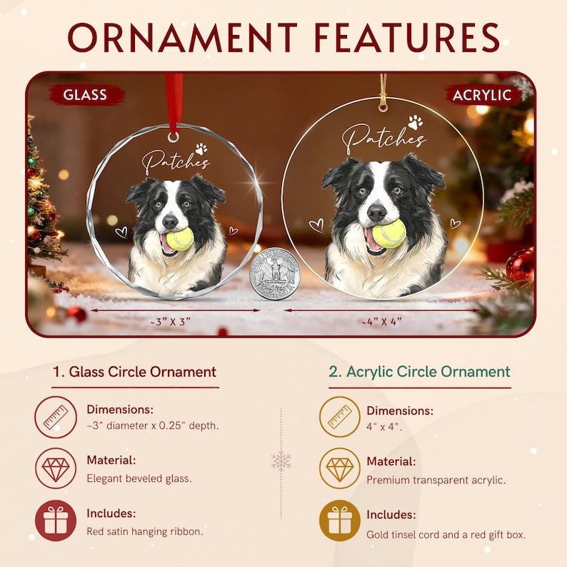 Two circular ornaments featuring a black and white dog holding a yellow tennis ball. One is beveled glass with a red ribbon, measuring 3 inches by 3 inches.