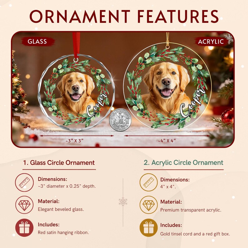 Two circular ornaments featuring a golden retriever inside a green wreath with red berries and the name Cooper.