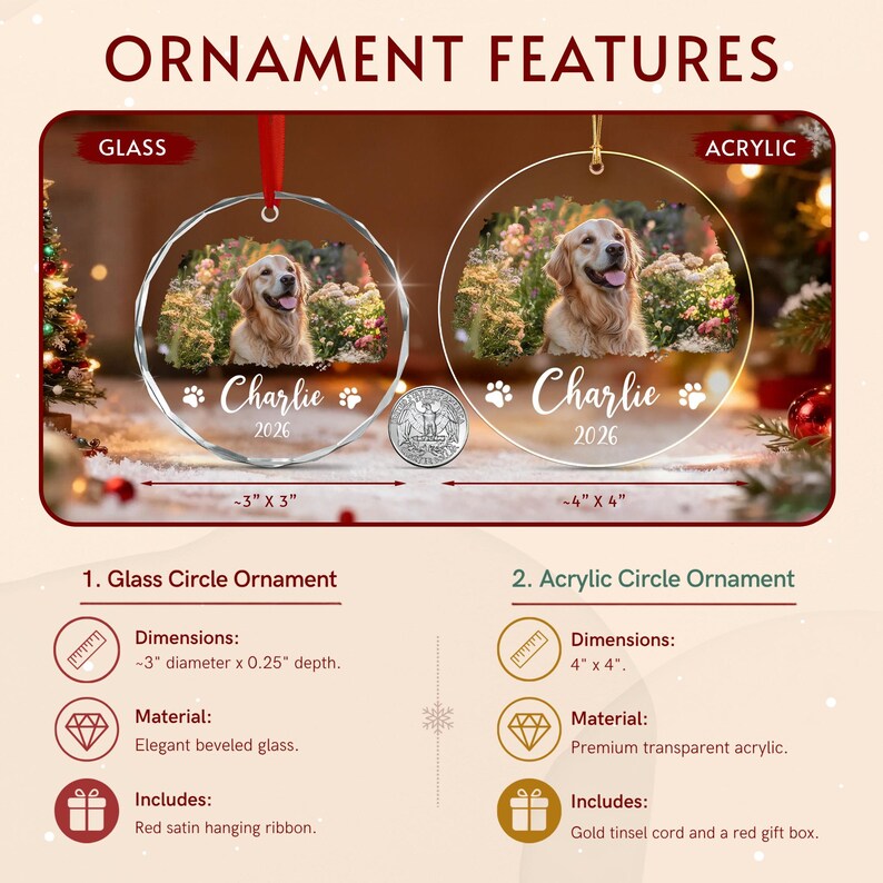 Two circular ornaments featuring a golden retriever photo, the name Charlie, and the year 2026. One is beveled glass with a red ribbon, measuring 3 inches by 3 inches.