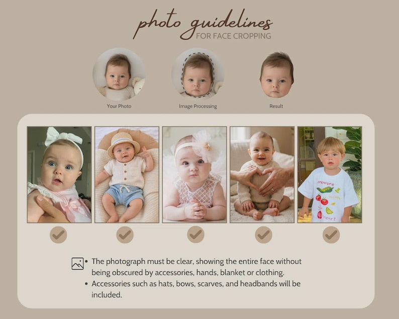 An instructional graphic titled photo guidelines for face cropping, featuring three circular headshot examples and five square photos of infants.