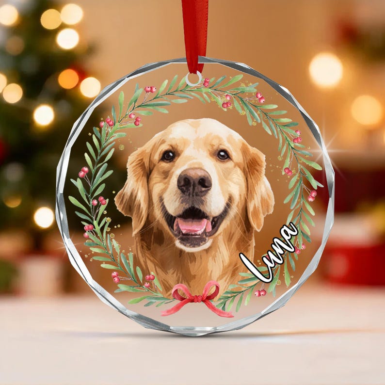 Dog Photo Christmas Wreath Name Ornament