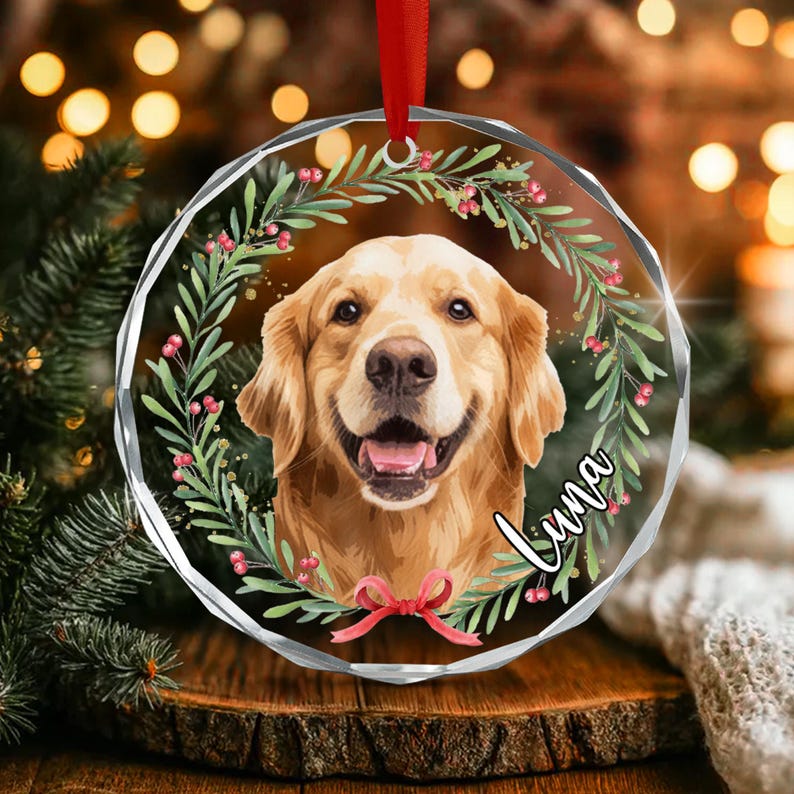 Dog Photo Christmas Wreath Name Ornament