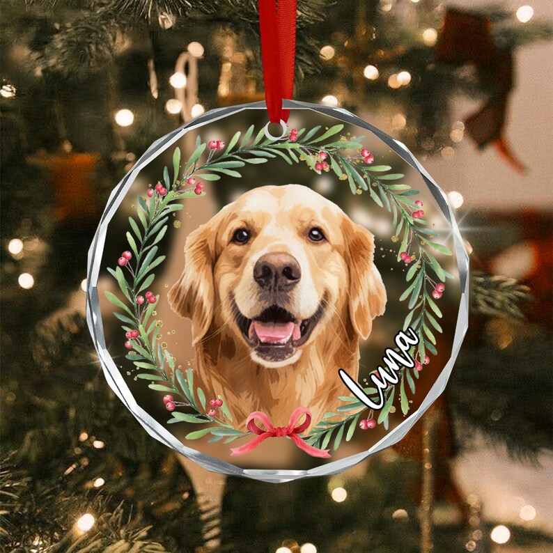 Dog Photo Christmas Wreath Name Ornament