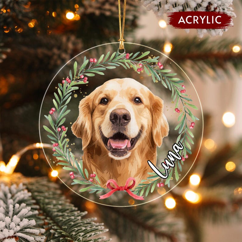 Dog Photo Christmas Wreath Name Ornament