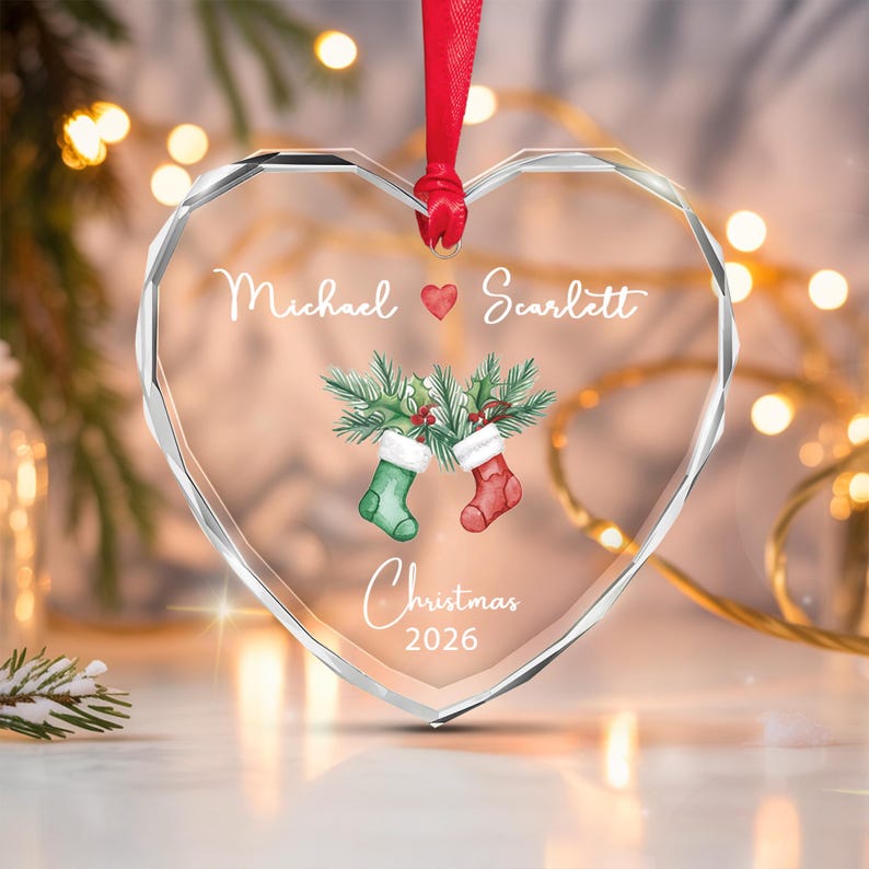 Couple Stocking Heart Glass Name Ornament