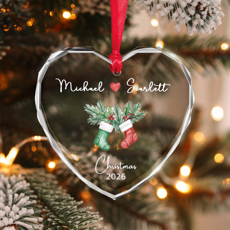 Couple Stocking Heart Glass Name Ornament