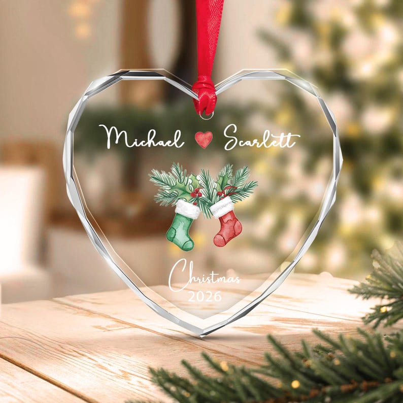 Couple Stocking Heart Glass Name Ornament