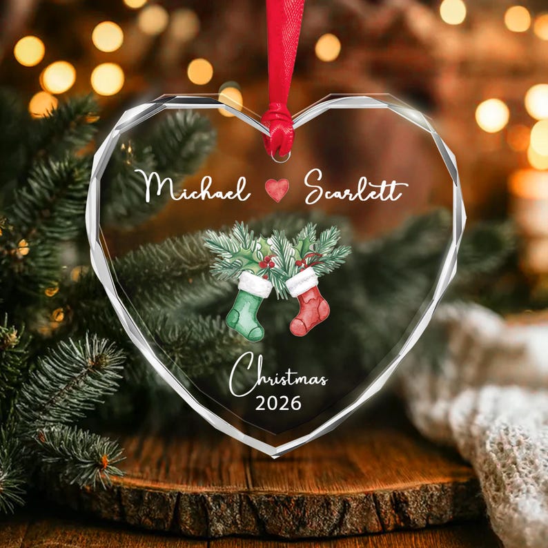 Couple Stocking Heart Glass Name Ornament