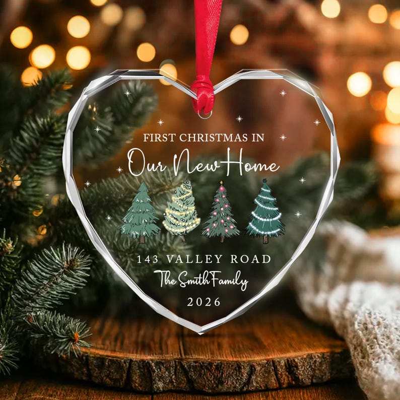New Home Address Heart Glass Ornament