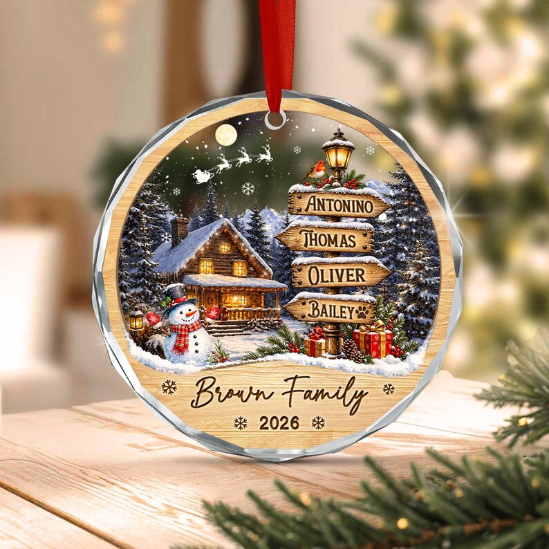 Family & Pet Name Signpost Glass Ornament